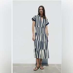 ZARA STRIPED LINEN BLEND MIDI DRESS NAVY BLUE CREAM WHITE  brand new with tags